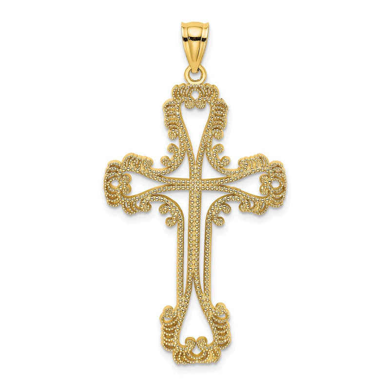14 Karat Gelbgold Kreuz-Charm mit Perlrand, Cut-Out und geschwungenem Design