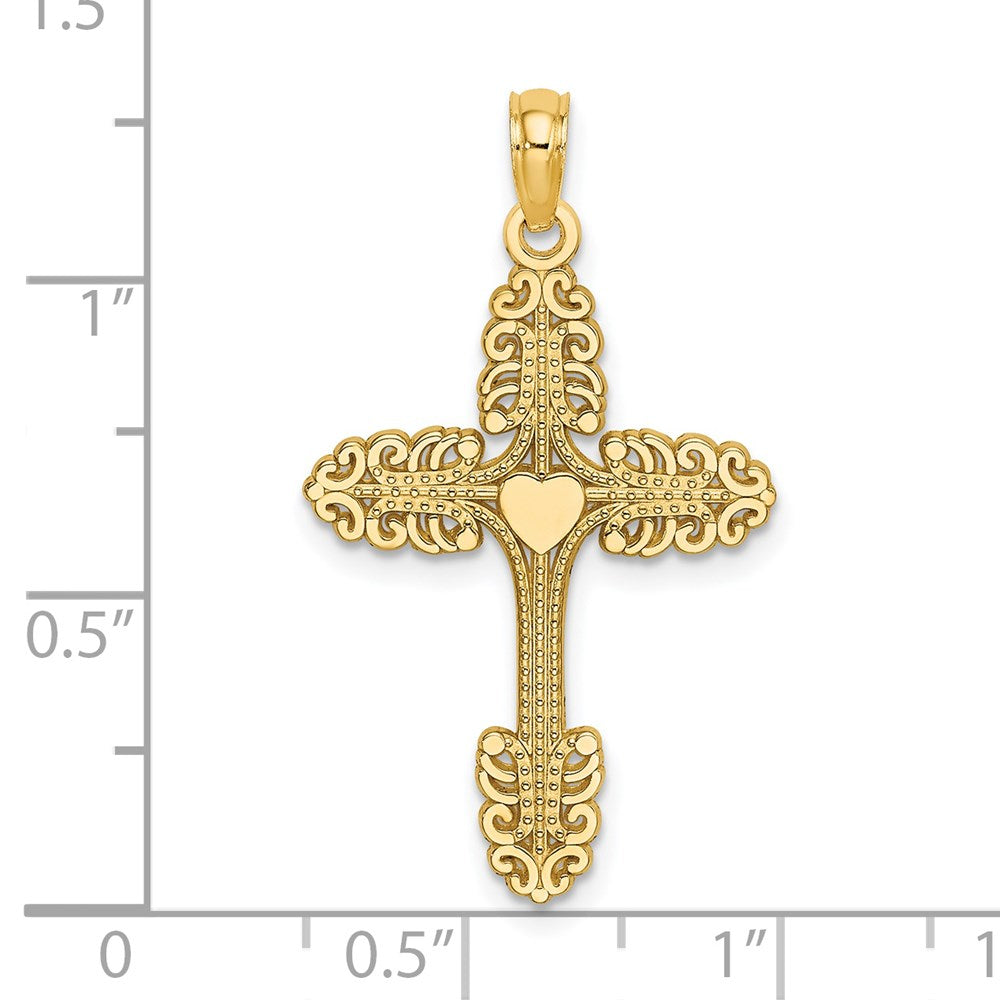 14K Gelbgold Multi-scalloped Tipped Kreuz mit Herz Mittig Charm