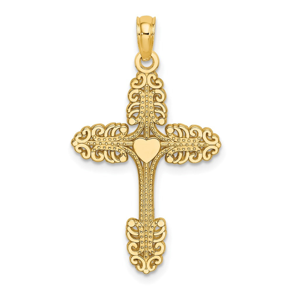 14K Gelbgold Multi-scalloped Tipped Kreuz mit Herz Mittig Charm