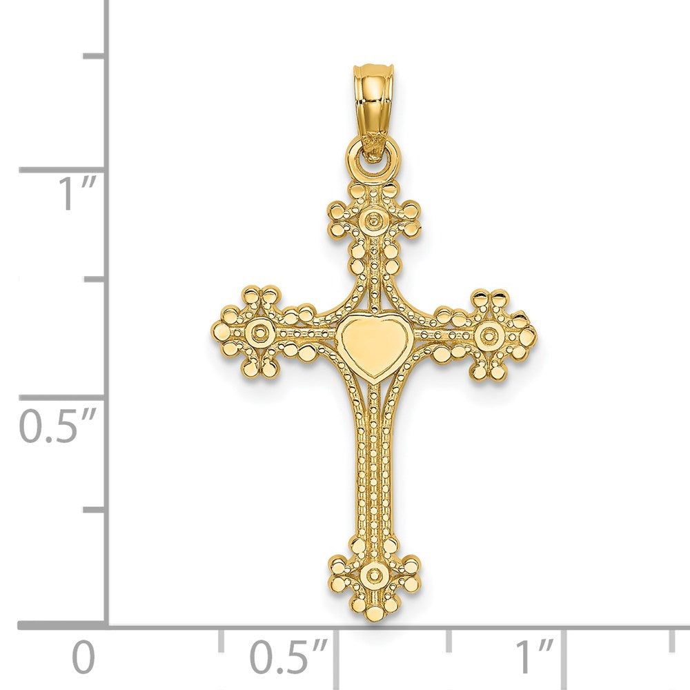 14K Gelbgold Gekugelt Tip Kreuz mit Herz Mittig Charm