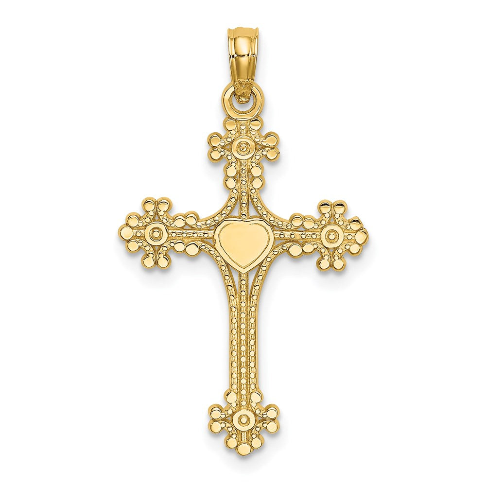 14K Gelbgold Gekugelt Tip Kreuz mit Herz Mittig Charm