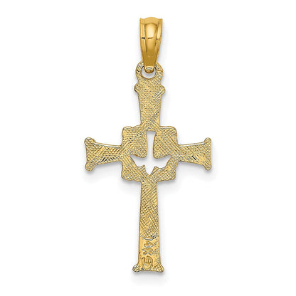 14K Gelbgold Poliert und Graviert Kreuz Taube Charm