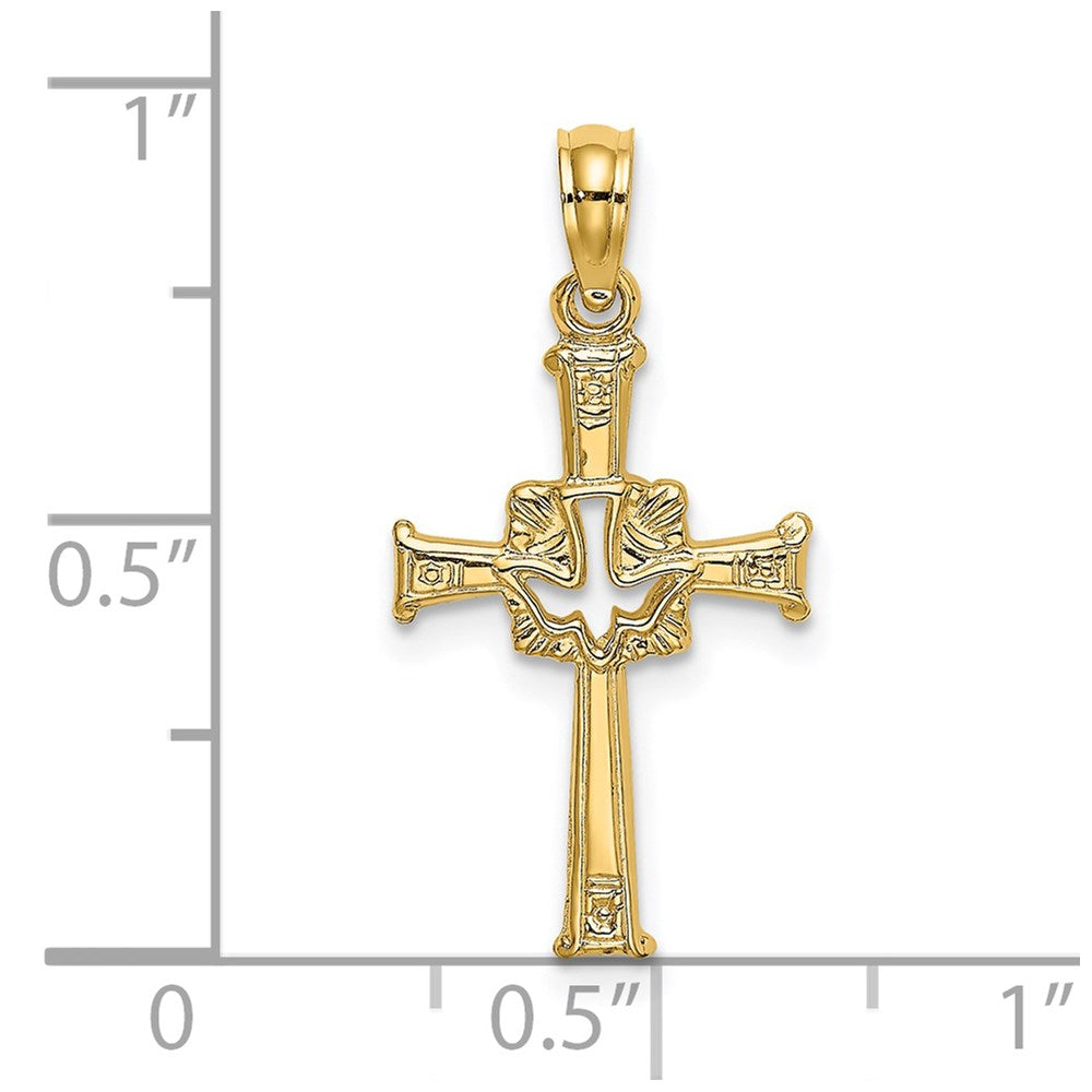 14K Gelbgold Poliert und Graviert Kreuz Taube Charm