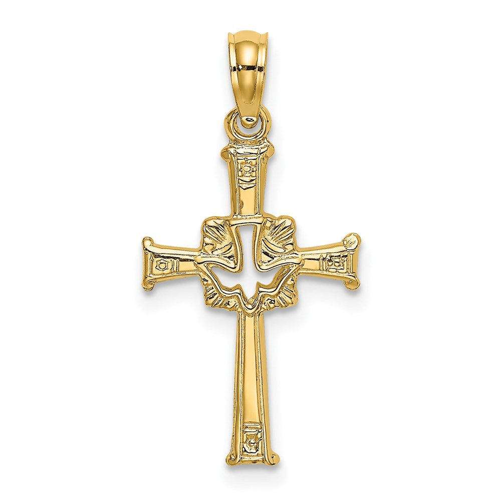 14K Gelbgold Poliert und Graviert Kreuz Taube Charm