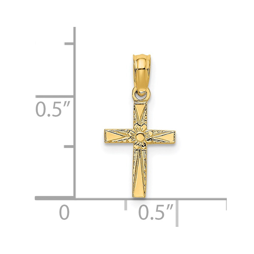 14K Gelbgold Poliert und Graviert Mini Kreuz mit Blume Charm