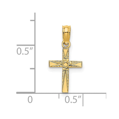 14K Gelbgold Poliert und Graviert Mini Kreuz mit Blume Charm