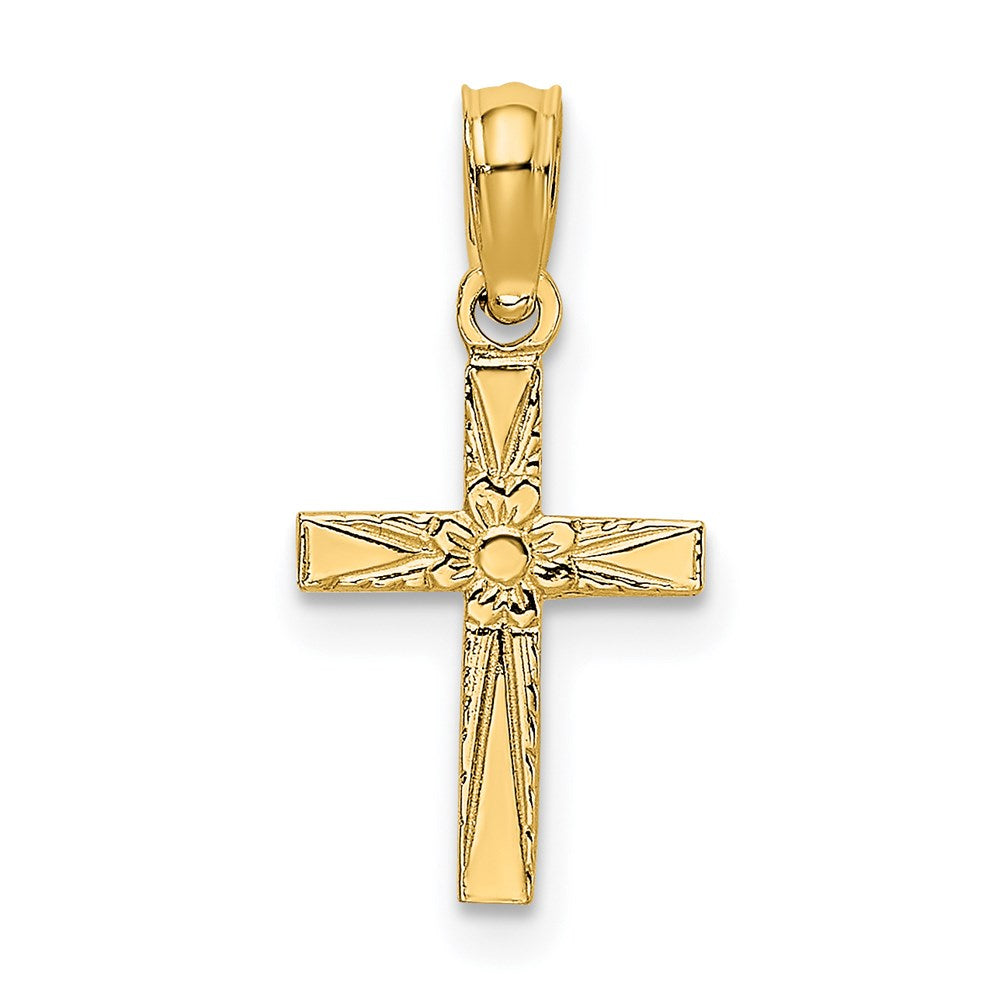14K Gelbgold Poliert und Graviert Mini Kreuz mit Blume Charm