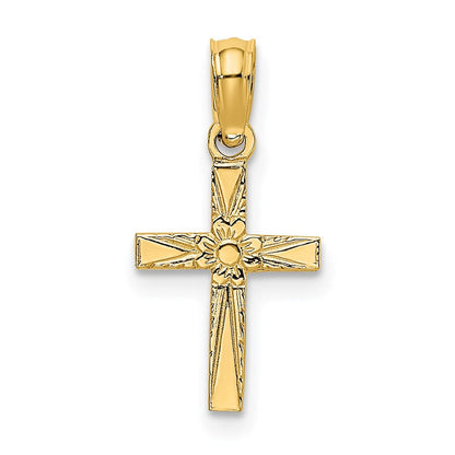 14K Gelbgold Poliert und Graviert Mini Kreuz mit Blume Charm