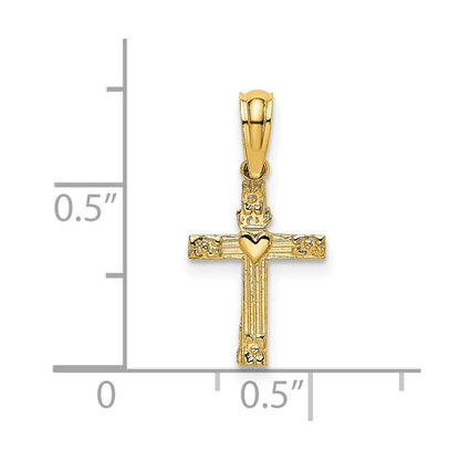 14K Gelbgold Strukturiert Mini Kreuz mit Herz Charm