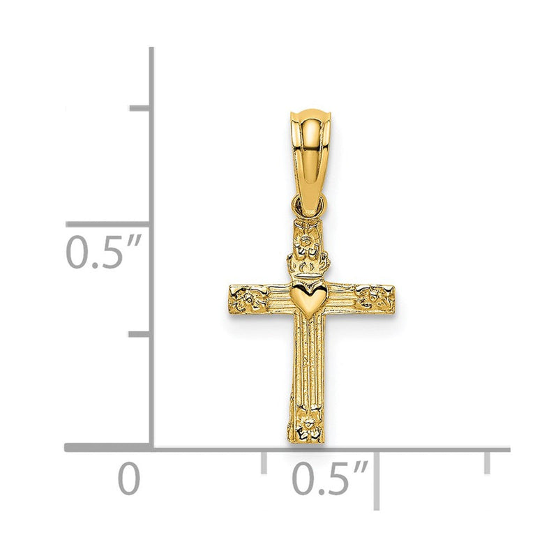 14K Gelbgold Strukturiert Mini Kreuz mit Herz Charm