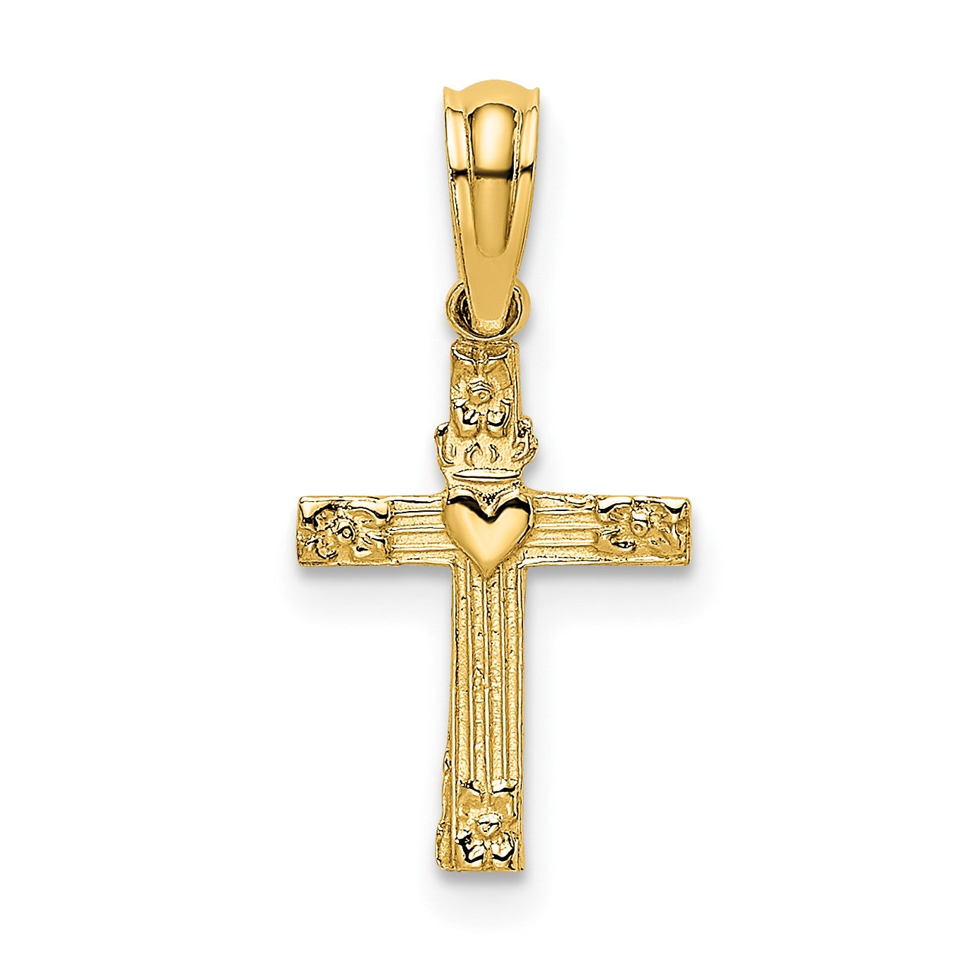 14K Gelbgold Strukturiert Mini Kreuz mit Herz Charm