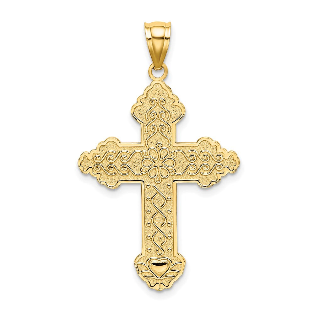 14K Gelbgold Kreuz-Charm mit Blume in der Mitte und Schnörkeldesign