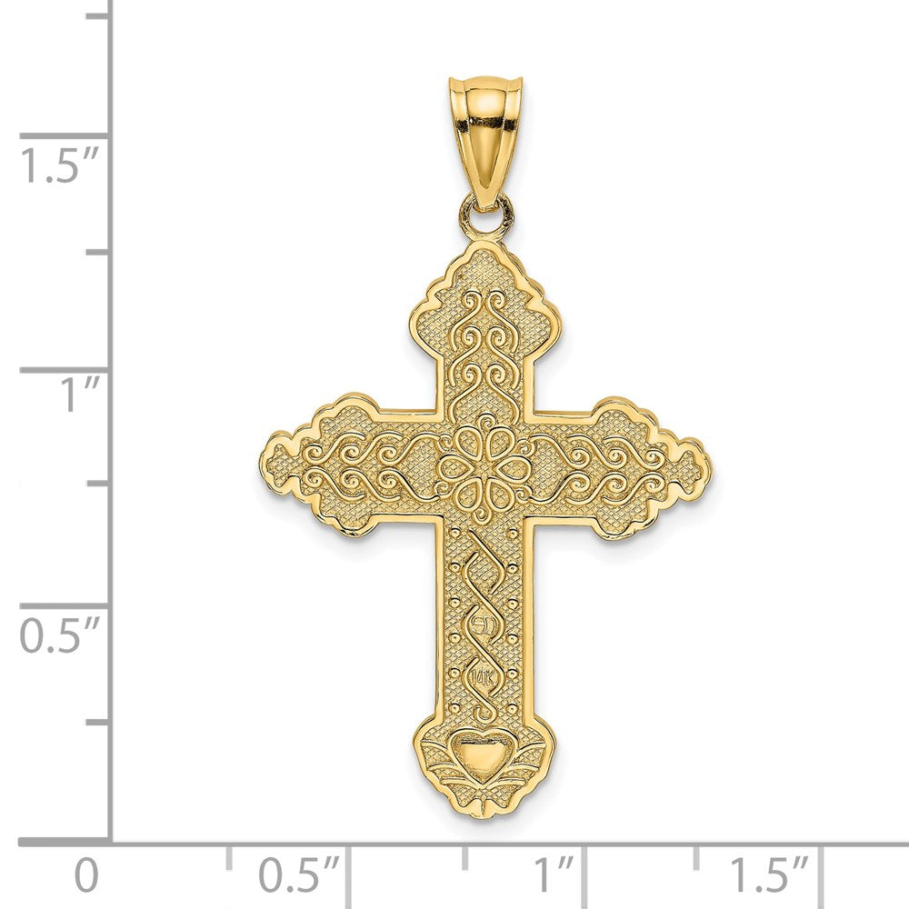 14K Gelbgold Kreuz-Charm mit Blume in der Mitte und Schnörkeldesign