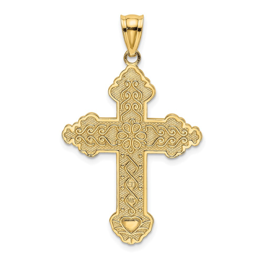 14K Gelbgold Kreuz-Charm mit Blume in der Mitte und Schnörkeldesign