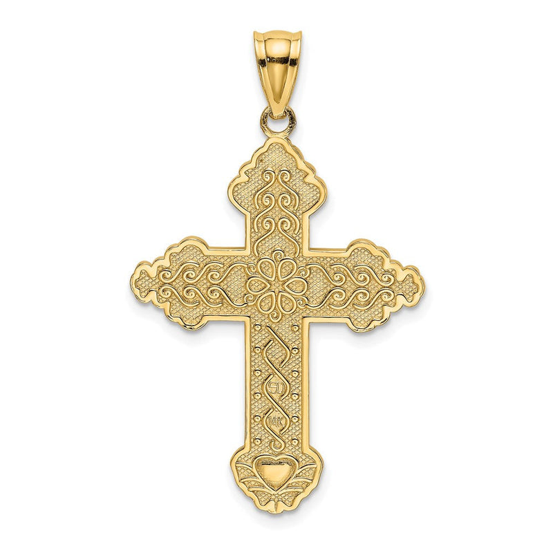 14K Gelbgold Kreuz-Charm mit Blume in der Mitte und Schnörkeldesign