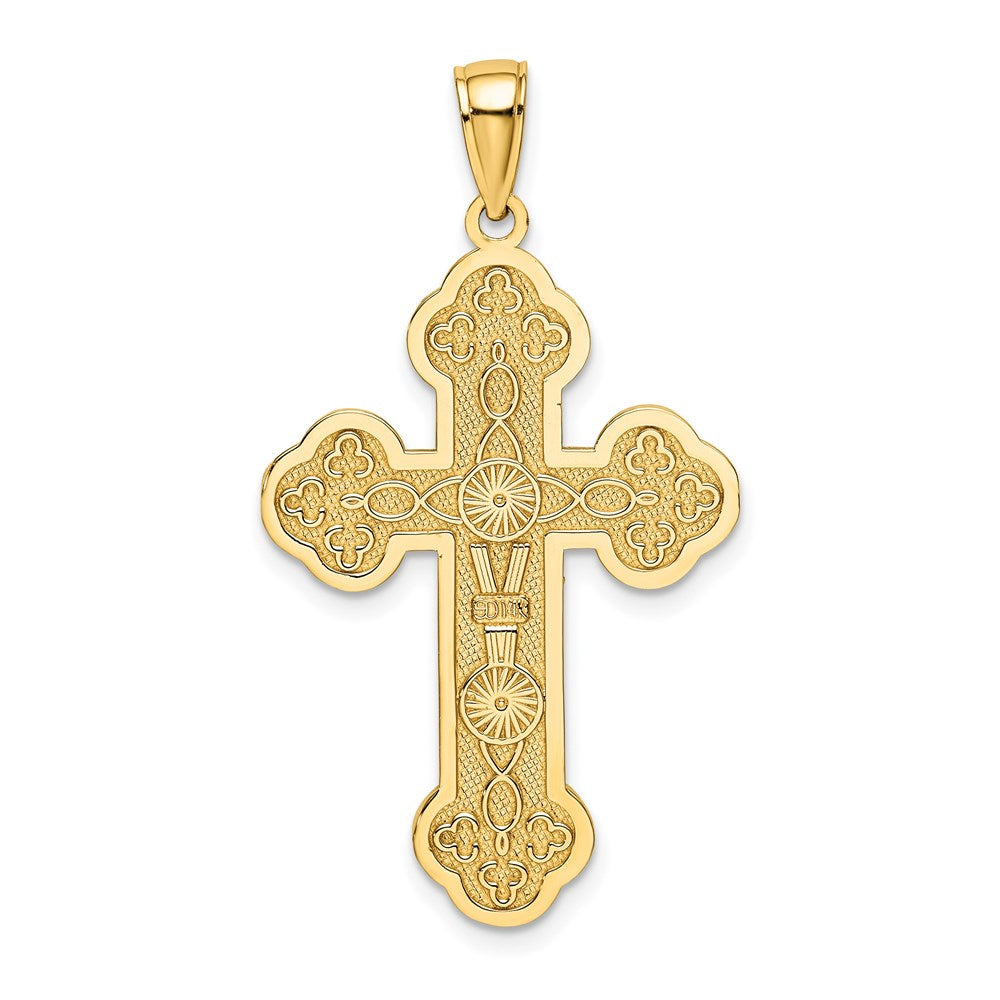 14K Gelbgold Kreuz-Charm mit Schnörkelmuster und Sonnenstrahlen-Zentrum