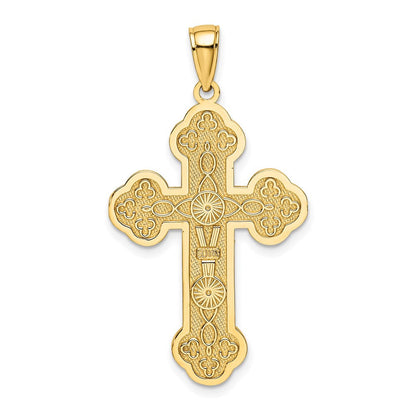 14K Gelbgold Kreuz-Charm mit Schnörkelmuster und Sonnenstrahlen-Zentrum