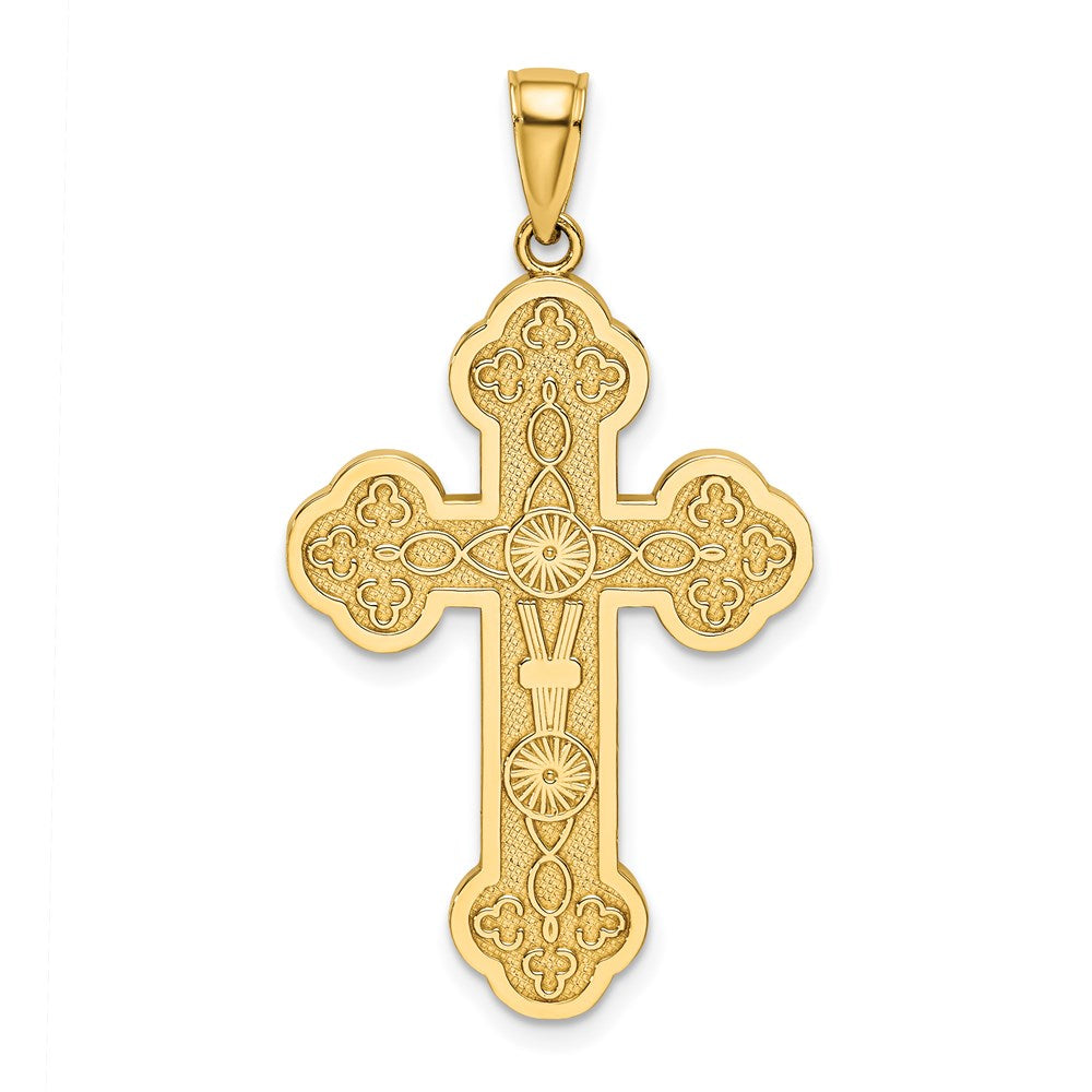 14K Gelbgold Kreuz-Charm mit Schnörkelmuster und Sonnenstrahlen-Zentrum