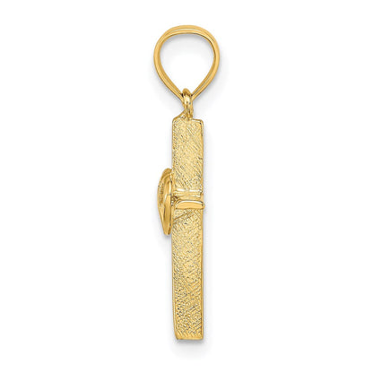 14K Gelbgold Poliert Doppelt Herzen auf Stick Kreuz Charm