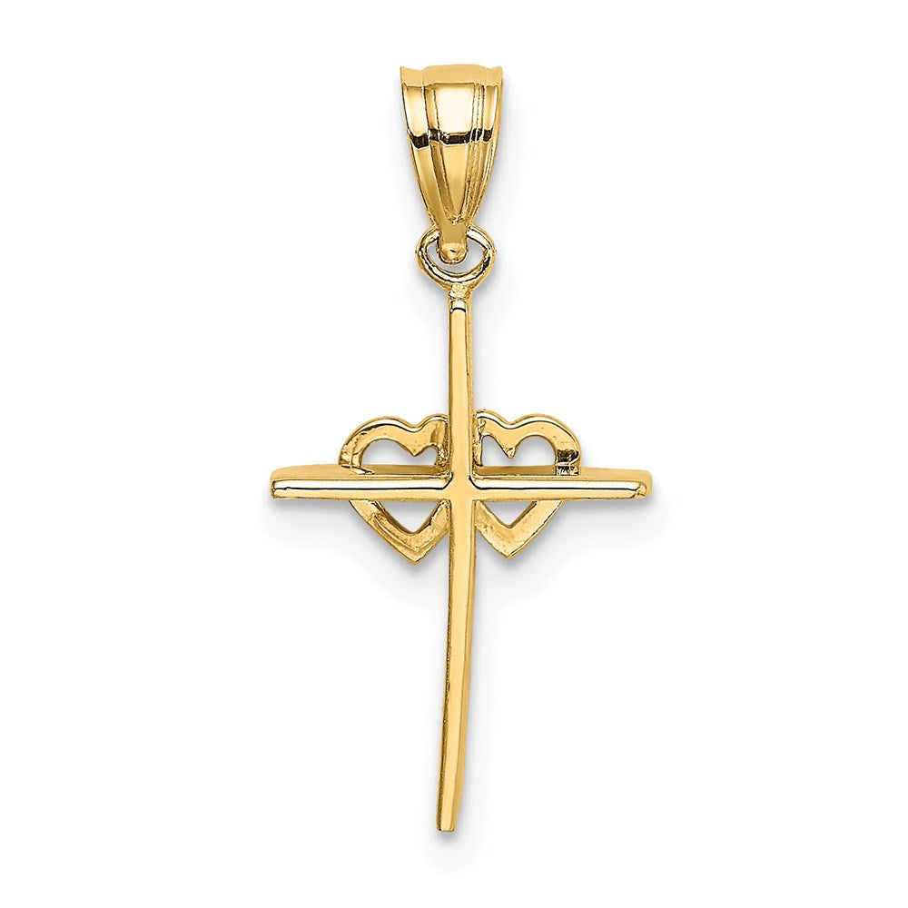14K Gelbgold Poliert Doppelt Herzen auf Stick Kreuz Charm