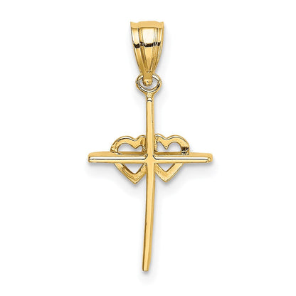 14K Gelbgold Poliert Doppelt Herzen auf Stick Kreuz Charm