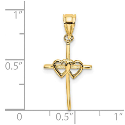 14K Gelbgold Poliert Doppelt Herzen auf Stick Kreuz Charm