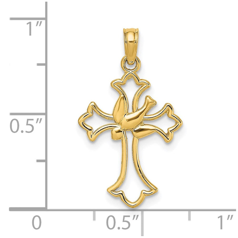 14K Gelbgold Ausgeschnitten Taube Mittig Kreuz Charm