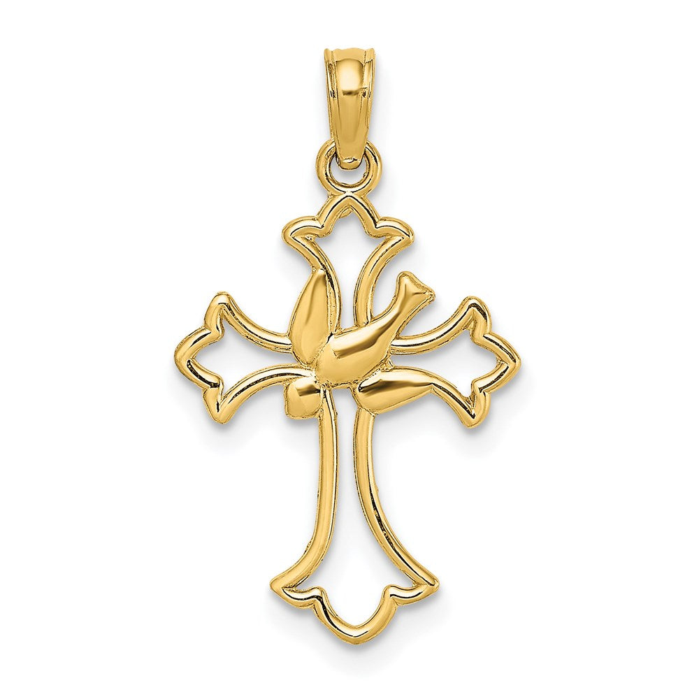 14K Gelbgold Ausgeschnitten Taube Mittig Kreuz Charm