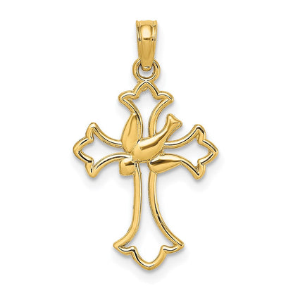 14K Gelbgold Ausgeschnitten Taube Mittig Kreuz Charm
