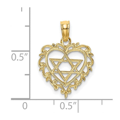 14K Gelbgold Strukturiert Stern Of David in Herz Charm