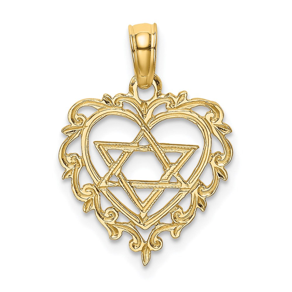14K Gelbgold Strukturiert Stern Of David in Herz Charm
