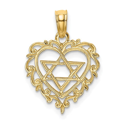 14K Gelbgold Strukturiert Stern Of David in Herz Charm