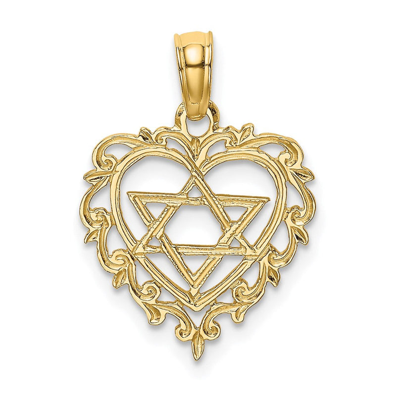 14K Gelbgold Strukturiert Stern Of David in Herz Charm