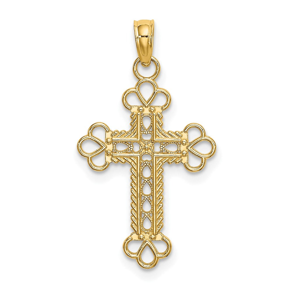 14K Gelbgold Strukturiert und Ausgeschnitten mit Kordel Rahmen Block Kreuz Charm