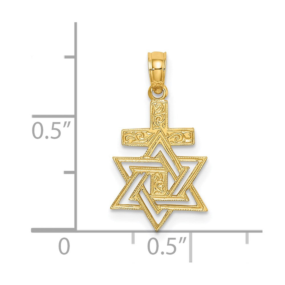 14K Gelbgold Poliert / Graviert Stern Of David und Kreuz Charm