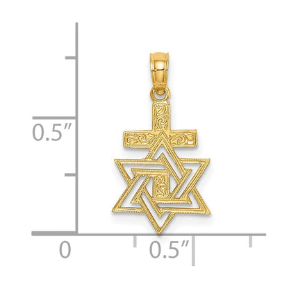 14K Gelbgold Poliert / Graviert Stern Of David und Kreuz Charm