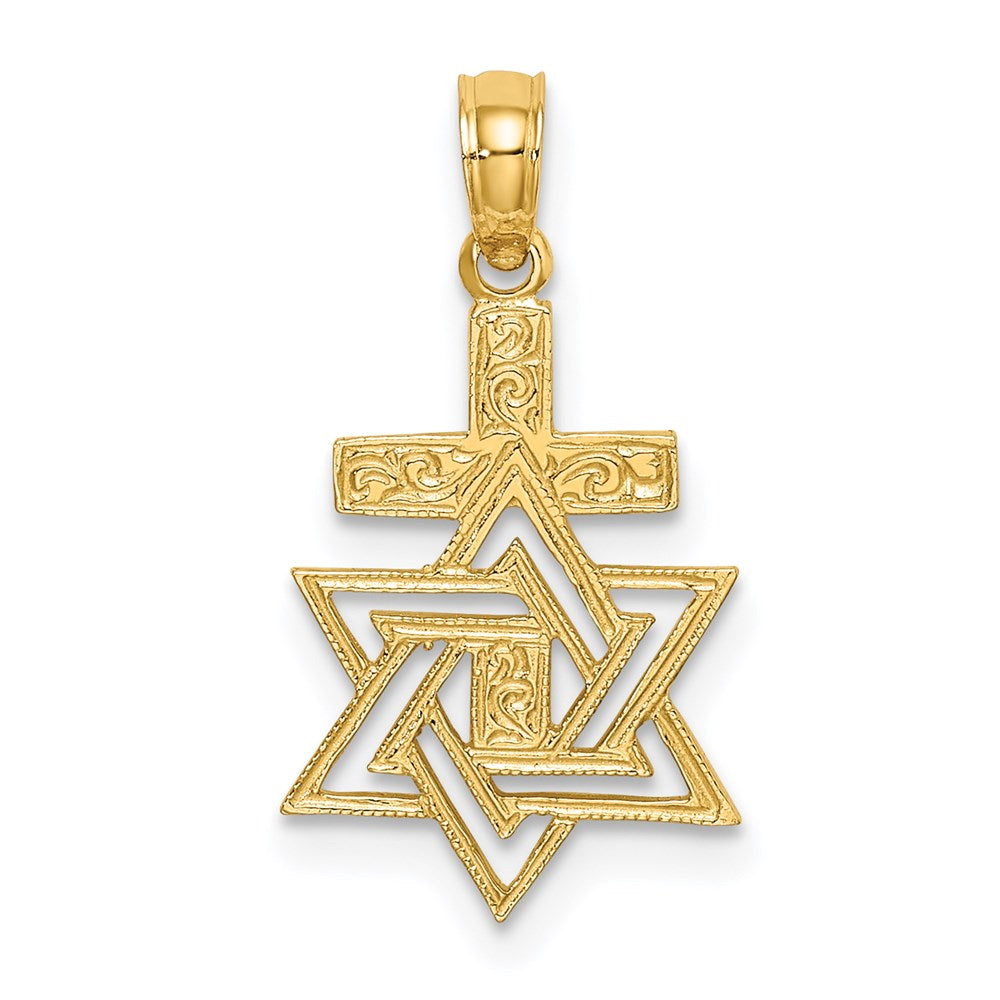 14K Gelbgold Poliert / Graviert Stern Of David und Kreuz Charm
