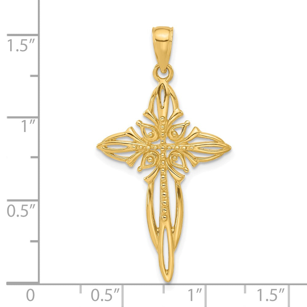 14K Gelbgold Poliert und Ausgeschnitten Gekugelt Kreuz