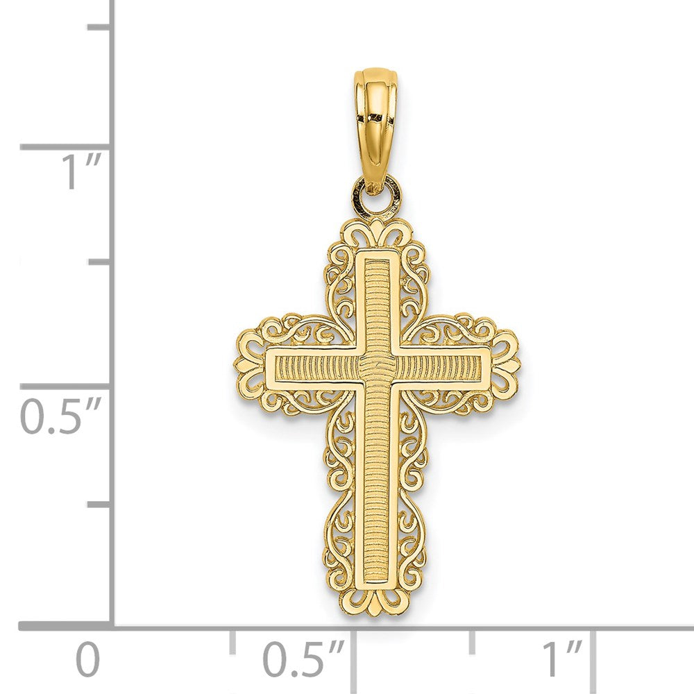 14K Gelbgold Strukturiert mit Lace Zierde Kreuz Charm