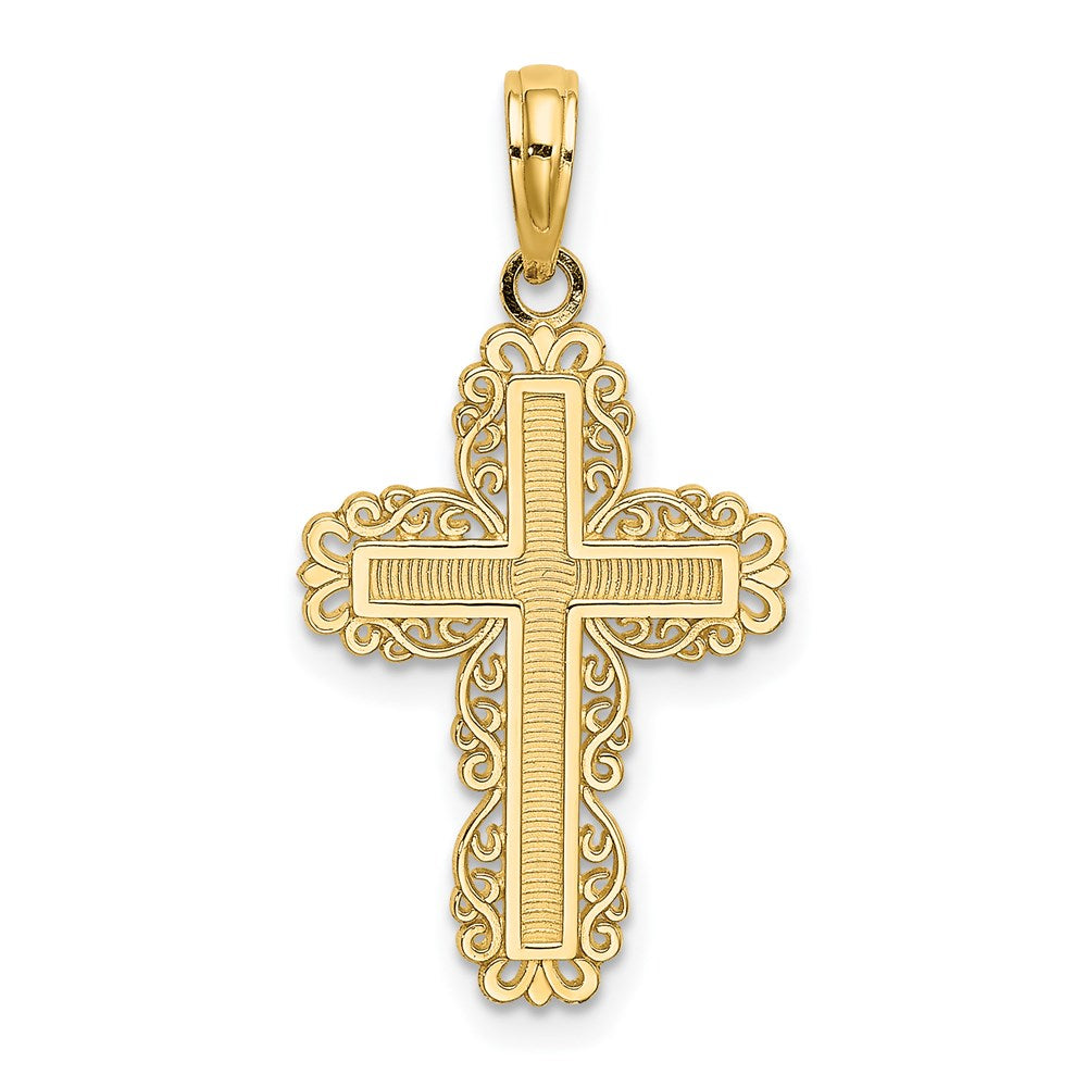 14K Gelbgold Strukturiert mit Lace Zierde Kreuz Charm
