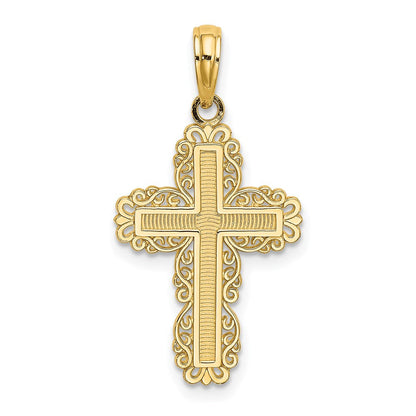 14K Gelbgold Strukturiert mit Lace Zierde Kreuz Charm