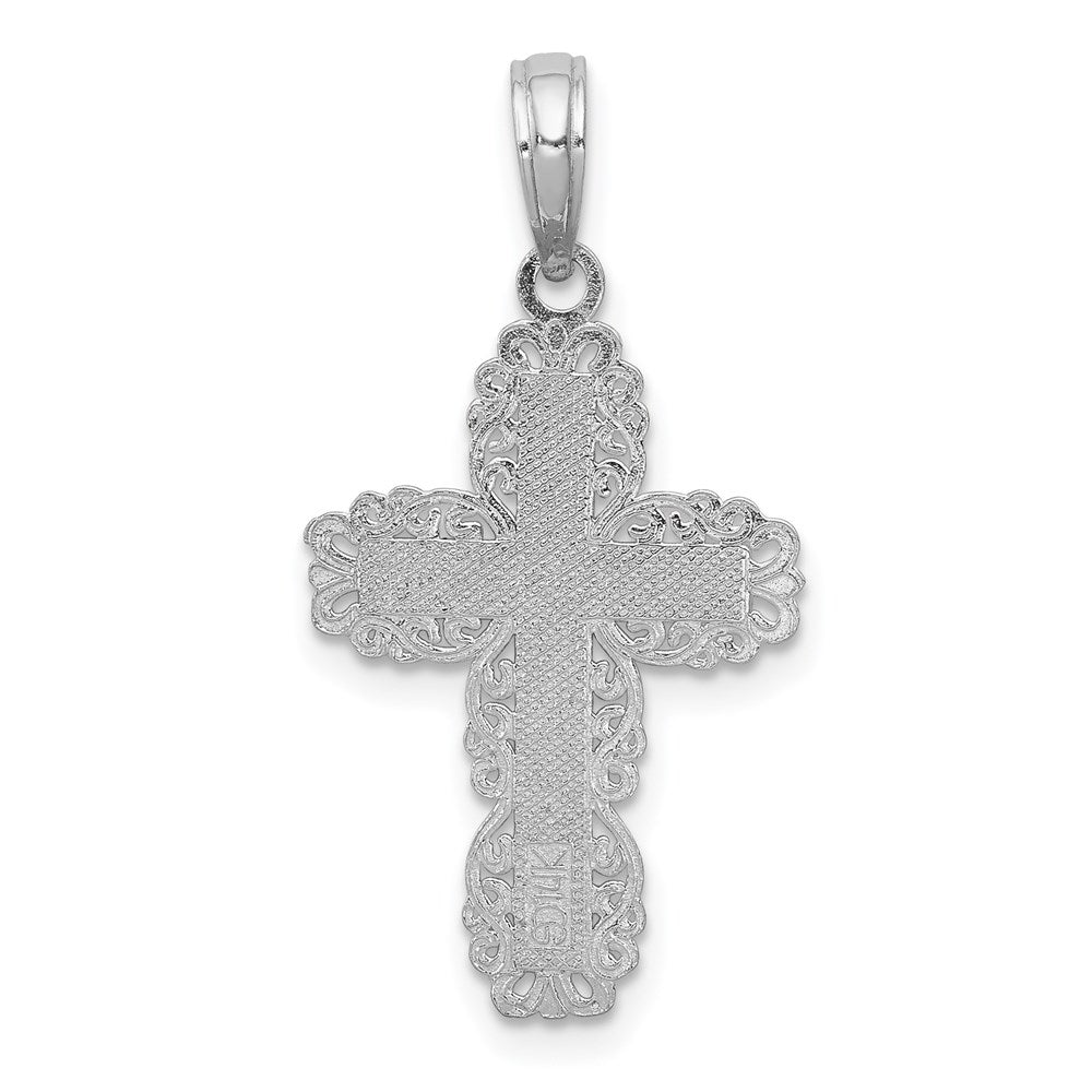 14K Weißgold Strukturiert mit Lace Zierde Kreuz Charm