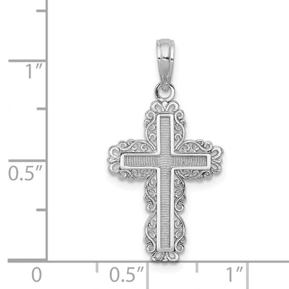 14K Weißgold Strukturiert mit Lace Zierde Kreuz Charm