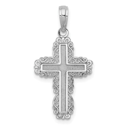 14K Weißgold Strukturiert mit Lace Zierde Kreuz Charm
