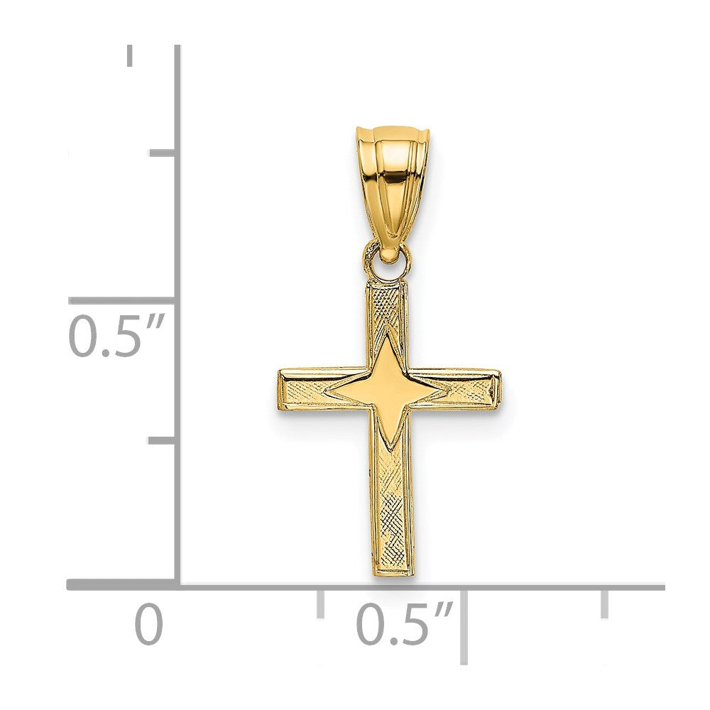 14K Gelbgold Poliert mit Stern Muster Mini Kreuz Charm