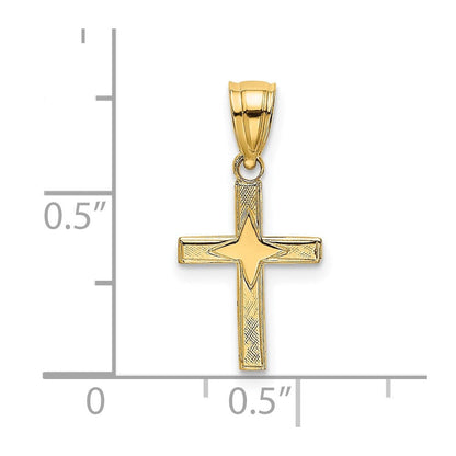 14K Gelbgold Poliert mit Stern Muster Mini Kreuz Charm