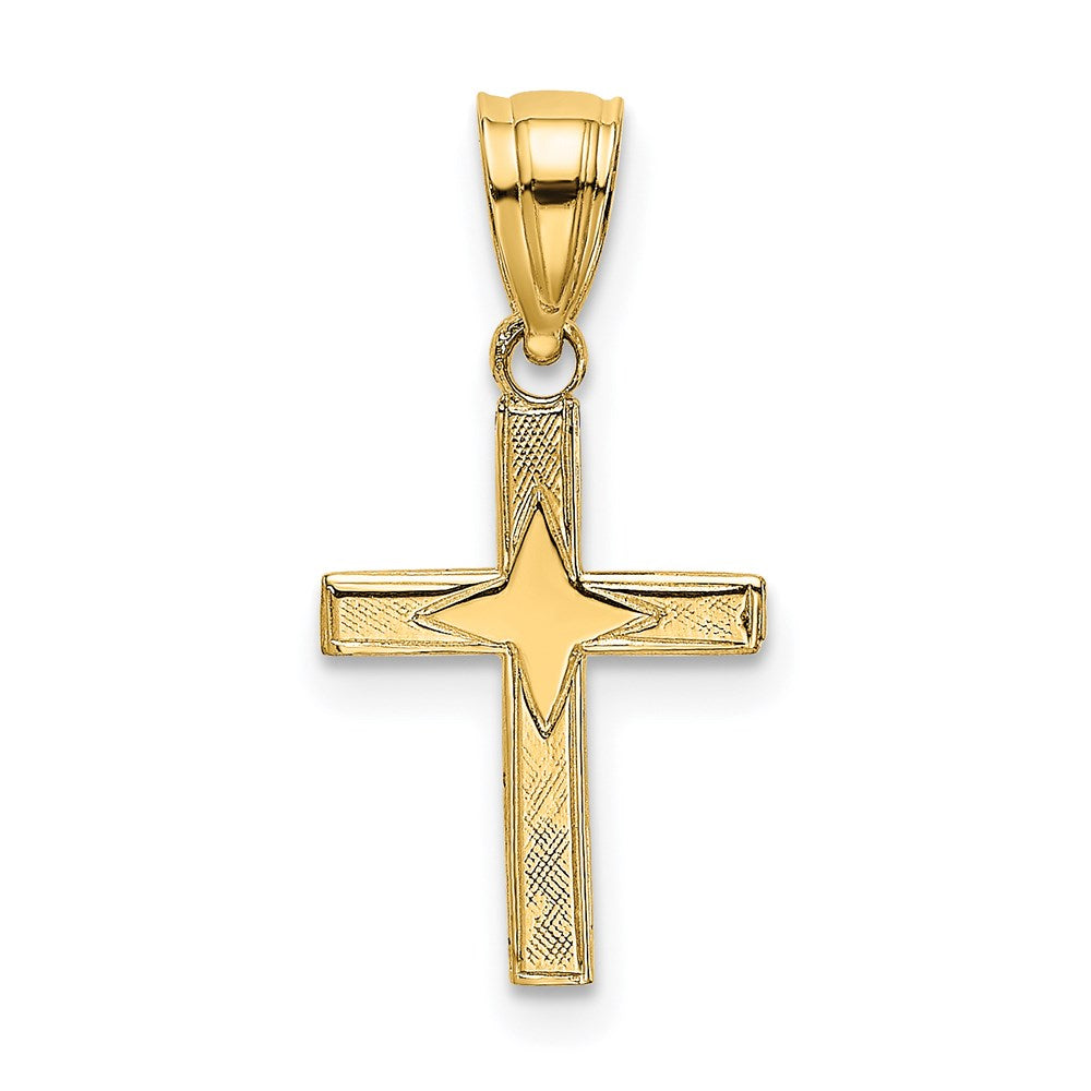 14K Gelbgold Poliert mit Stern Muster Mini Kreuz Charm