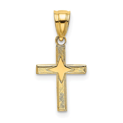 14K Gelbgold Poliert mit Stern Muster Mini Kreuz Charm