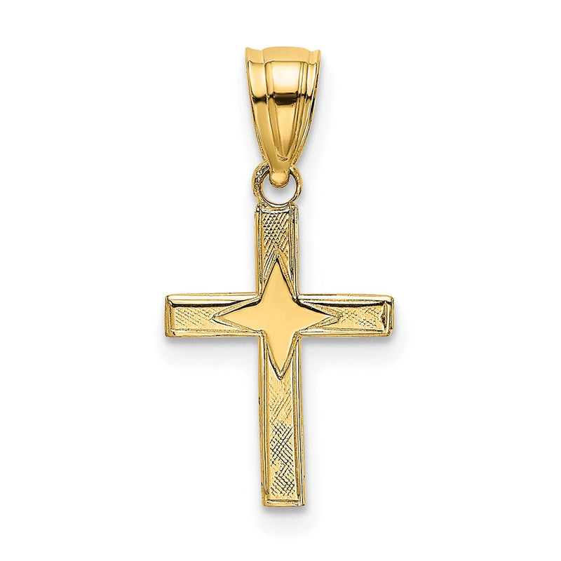 14K Gelbgold Poliert mit Stern Muster Mini Kreuz Charm