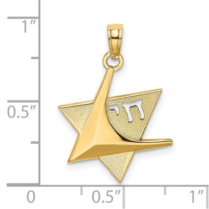 14K Gelbgold Poliert Stern Of David mit Chai Charm